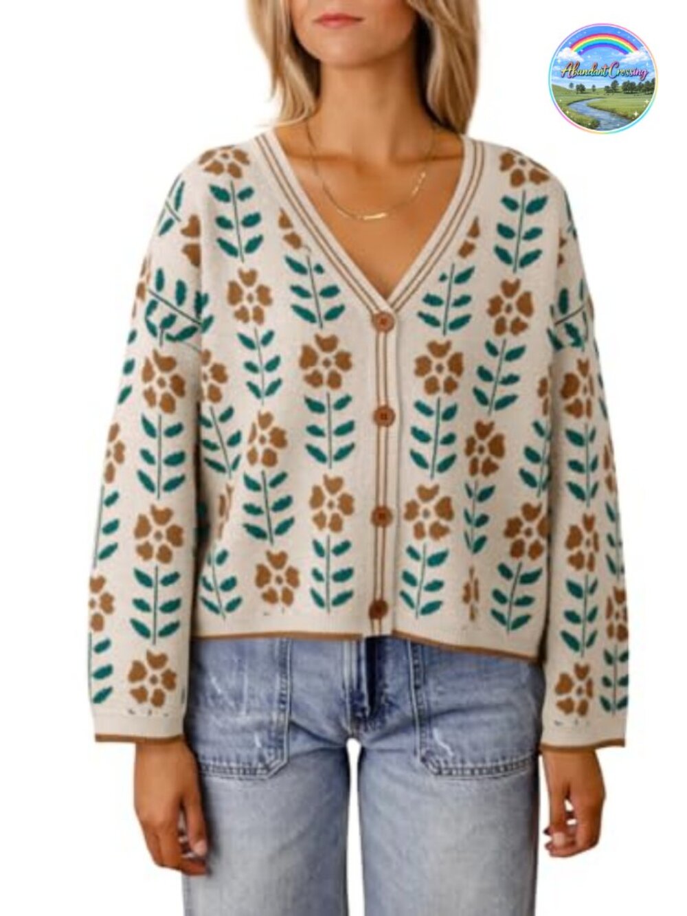 Floral Print V-Neck Cardigan Open Front Button Down Knit Sweater Long Sleeve